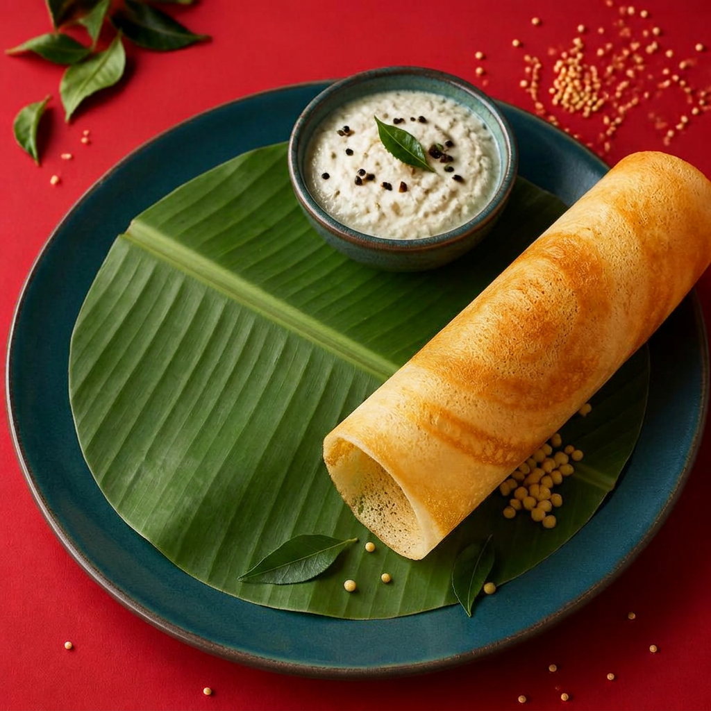 Crisp golden millet dosa served with coconut chutney
