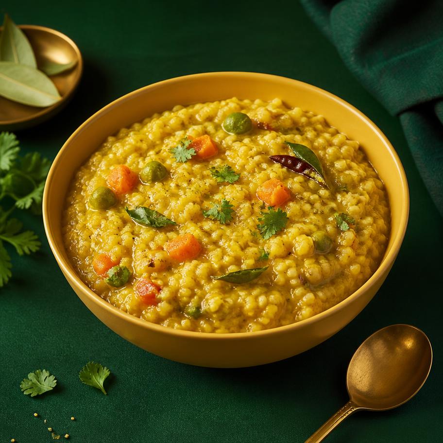 Warm bowl of millet and vegetable khichdi
