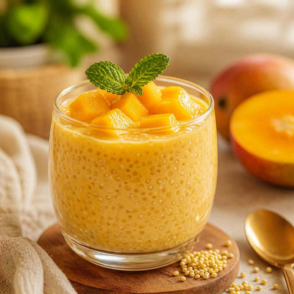 Creamy mango millet pudding topped with fresh mango cubes and mint