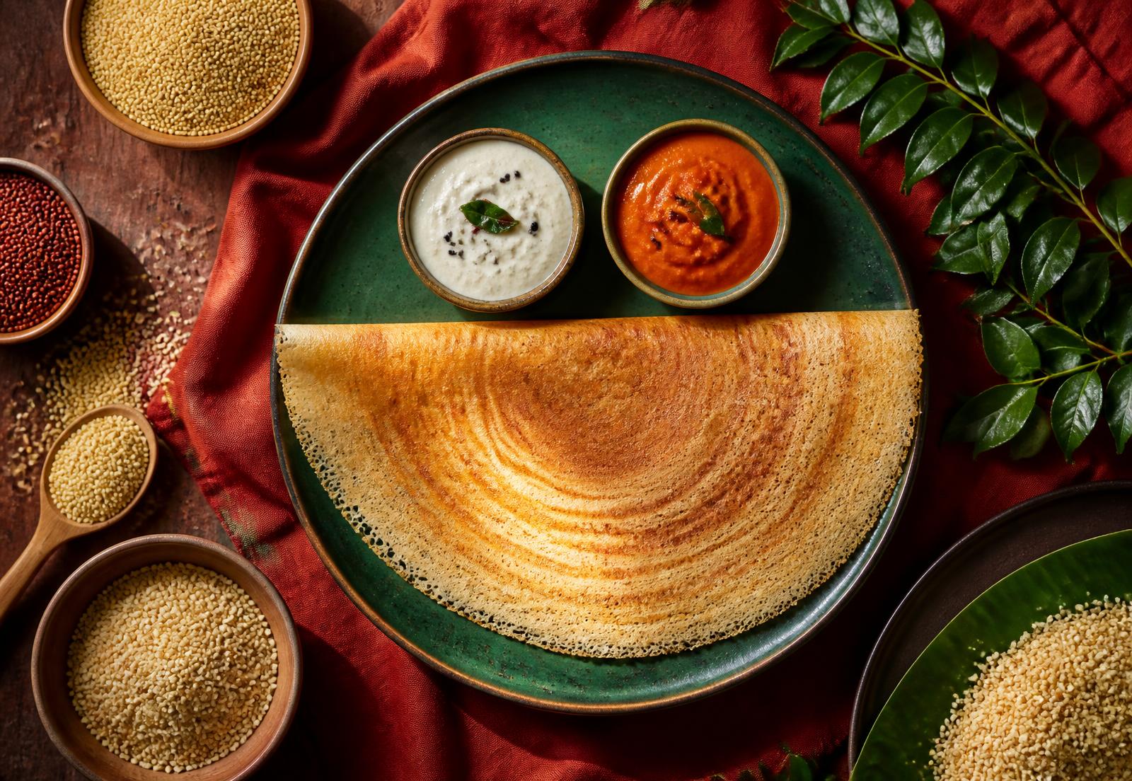Crisp millet dosa with chutneys and whole millet grains